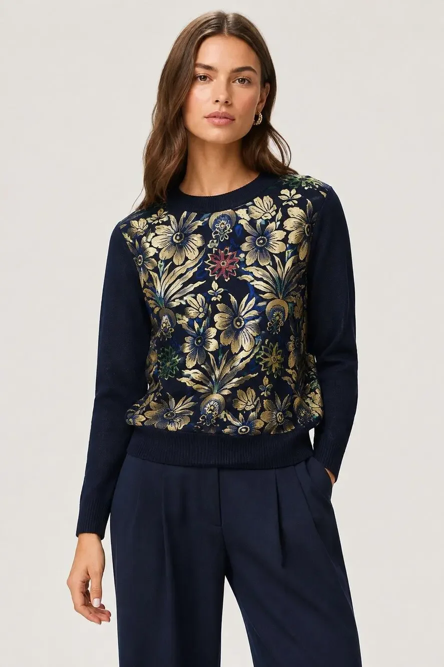 Tory Burch Hollis Metallic Floral Velvet Panel Sweater – Size Small